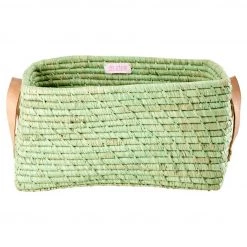 Rice - Raffia Rectangular Basket with Leather Handles - Boîte de rangement -sacoches Soldes rice raffia rectangular basket with leather handles boite de rangement detail 2